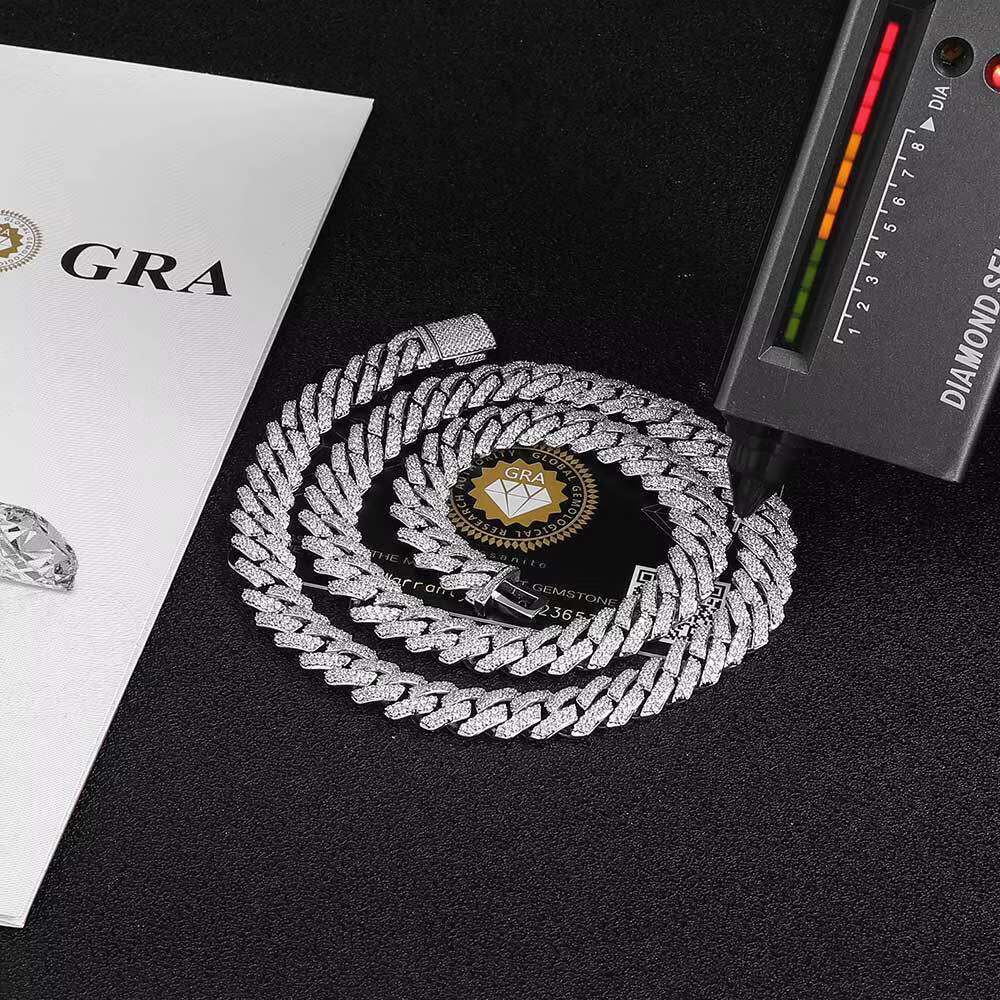 European American Brand 10mm S925 Silver Necklace with Mosan Diamond Fashionable Cuban Chain for Mens Hip-hop Style