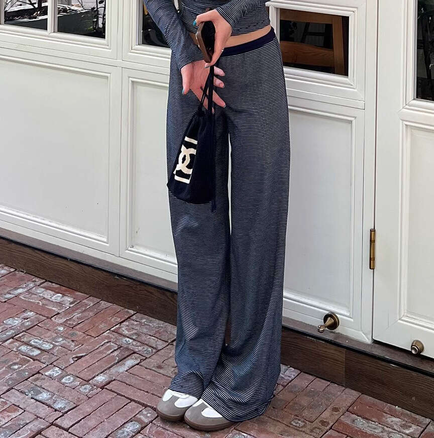 Trendy Niche Striped Design For Women With Drawstring Loose Casual Straight Draped Floor-Length Pants B5