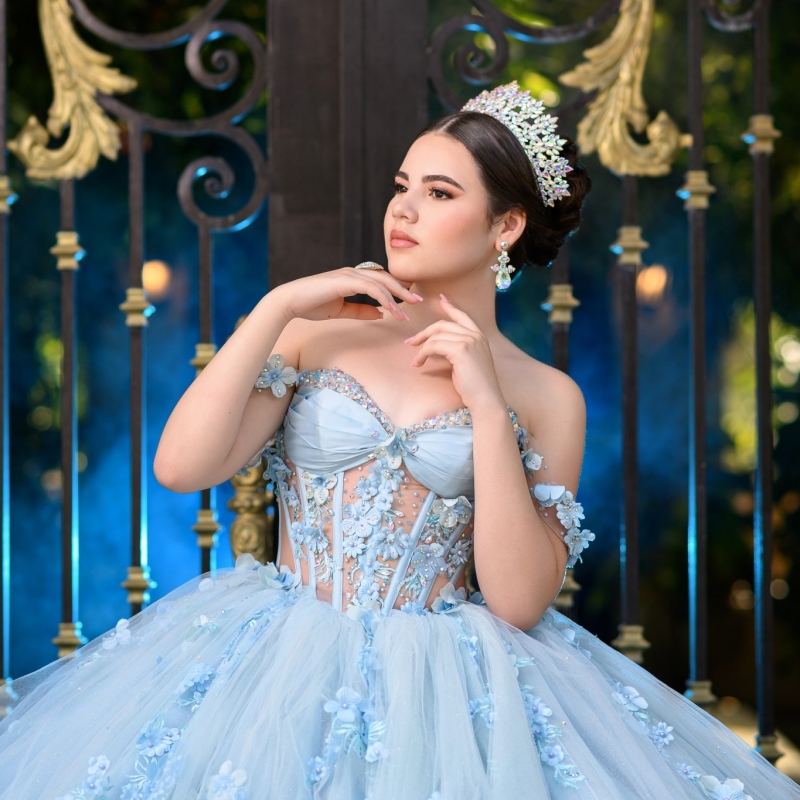Sky Blue Shiny Quinceanera Dresses Ball Gown Off The Shoulder Applique Flower Beads Tull Corset Sweet 16 Dress Vestidos 15 Anos