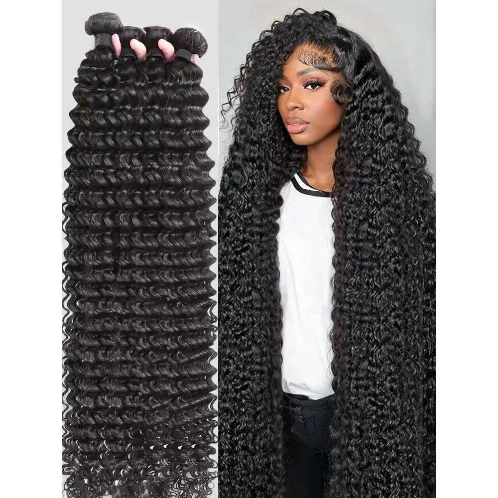 30 32 40 Inch Deep Wave Human Bundles Brazilian Virgin Remy Unprocessed Weaving Curly Hair Double Weft Drawn Extension