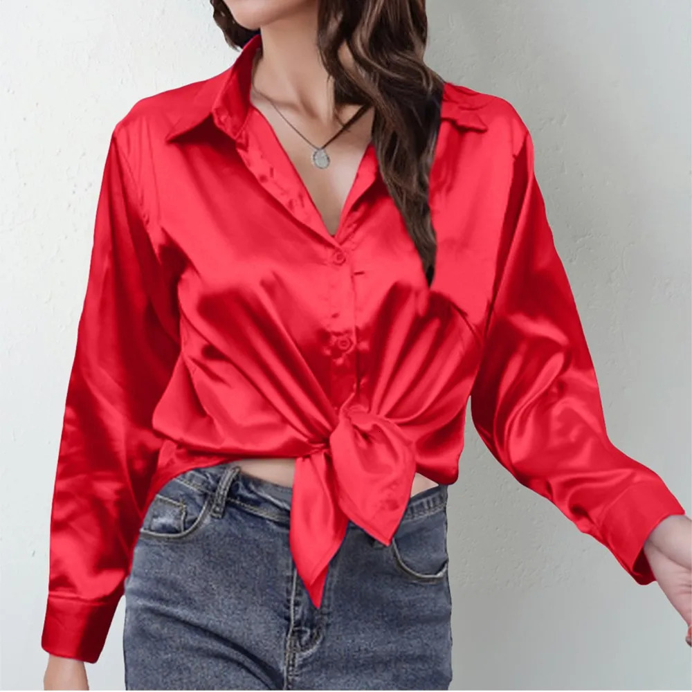 Spring Satin Shirt Women Loose Button Up Red Blouse Shirt Ladies Silk Long Sleeve Shirt For Women 250617