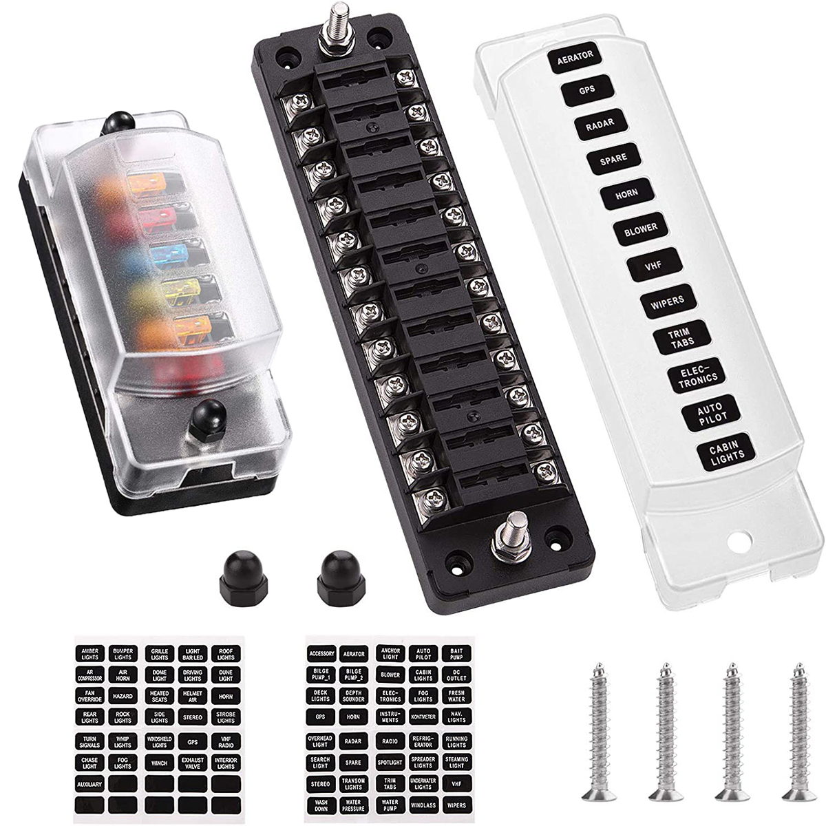 6 Way 12 Way Fuse Block Blade Fuse Box with Negative Bus, Waterproof Protection Cover Sticker Labels for 12V/24V Automotive Car Truck Boat Marine RV