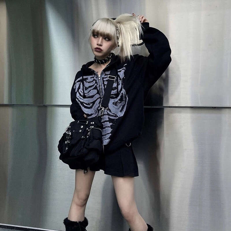 Street Style Skeleton Long Sleeve Women's Autumn Trendy Round Neck Cardigan Printed Loose Sweatshirt B5