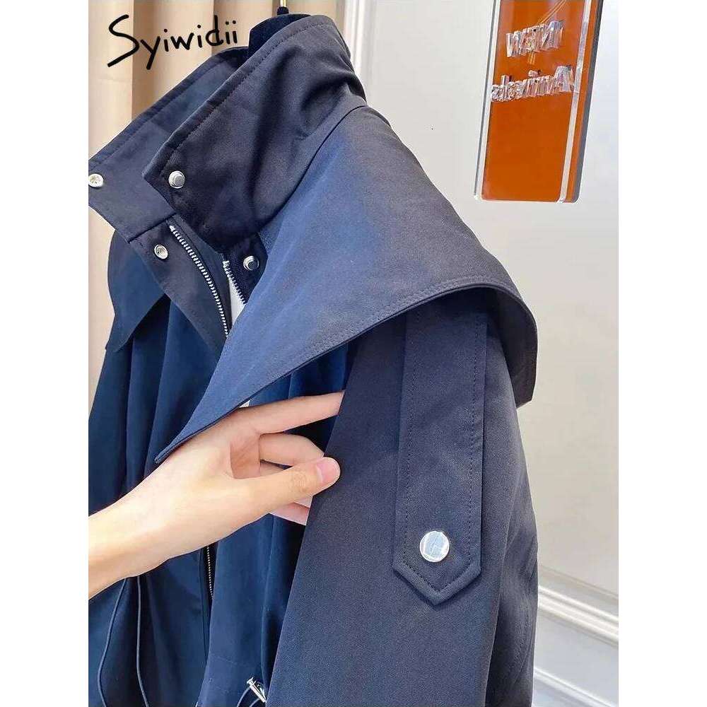 Syiwidii Jackets for Women Pocket Single Breasted Chic Casual Coat New Fashion Long Sleeve Zipper Drawstring Female Jacket