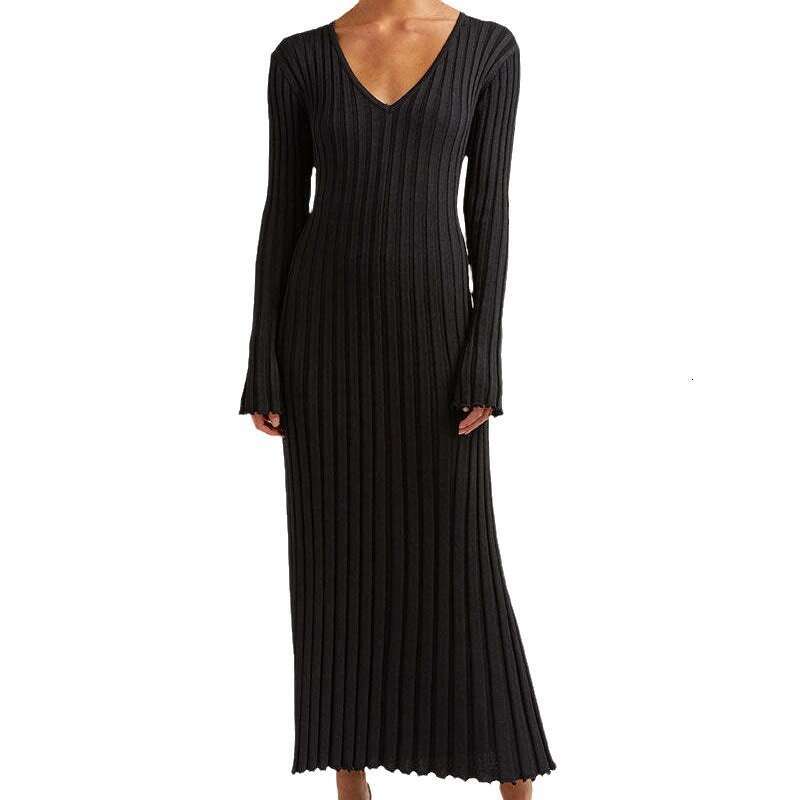 Spring Summer New Casual Waist V-Neck Ribbed Slimming Knitted Long Dress For Women B5