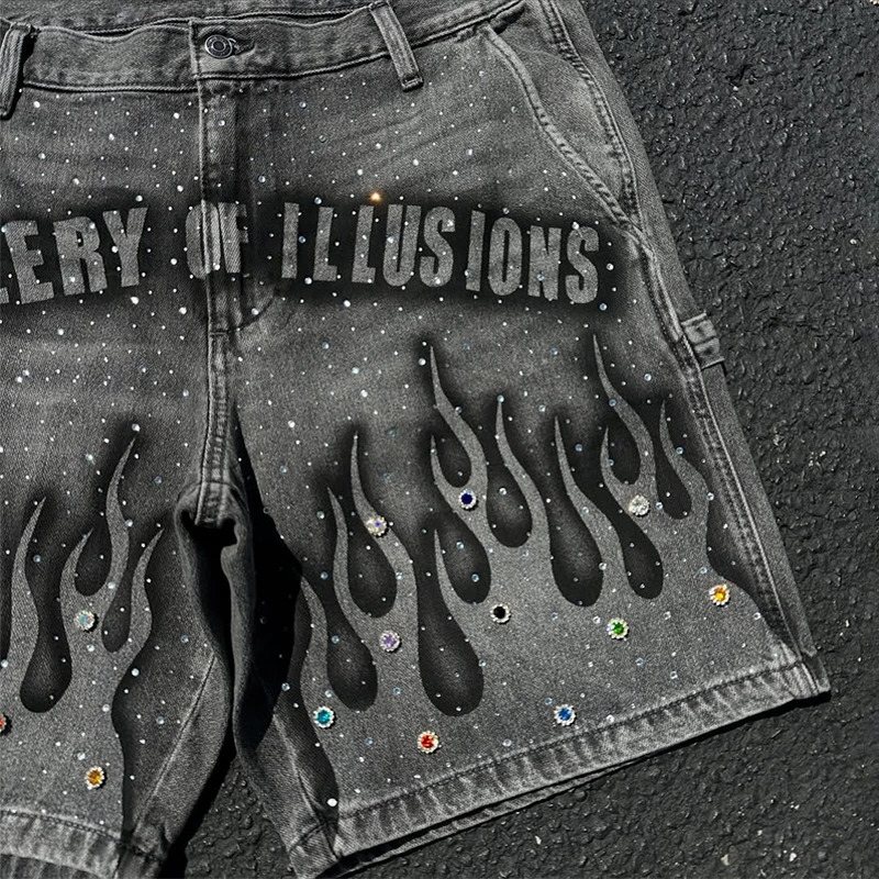 Y2K Vintage Distressed Jeans Flame Pattern Rhinestone Decoration High Waist Denim Shorts Fashion Men Women Hip Hop Streetwear 250617