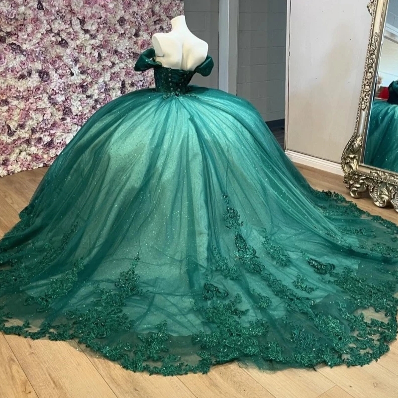 Dark Green Glitter Quinceanera Dresses Ball Gown Lace Applique Beading Tull Corset Sweet 16 Dress Vestido De 15 Anos