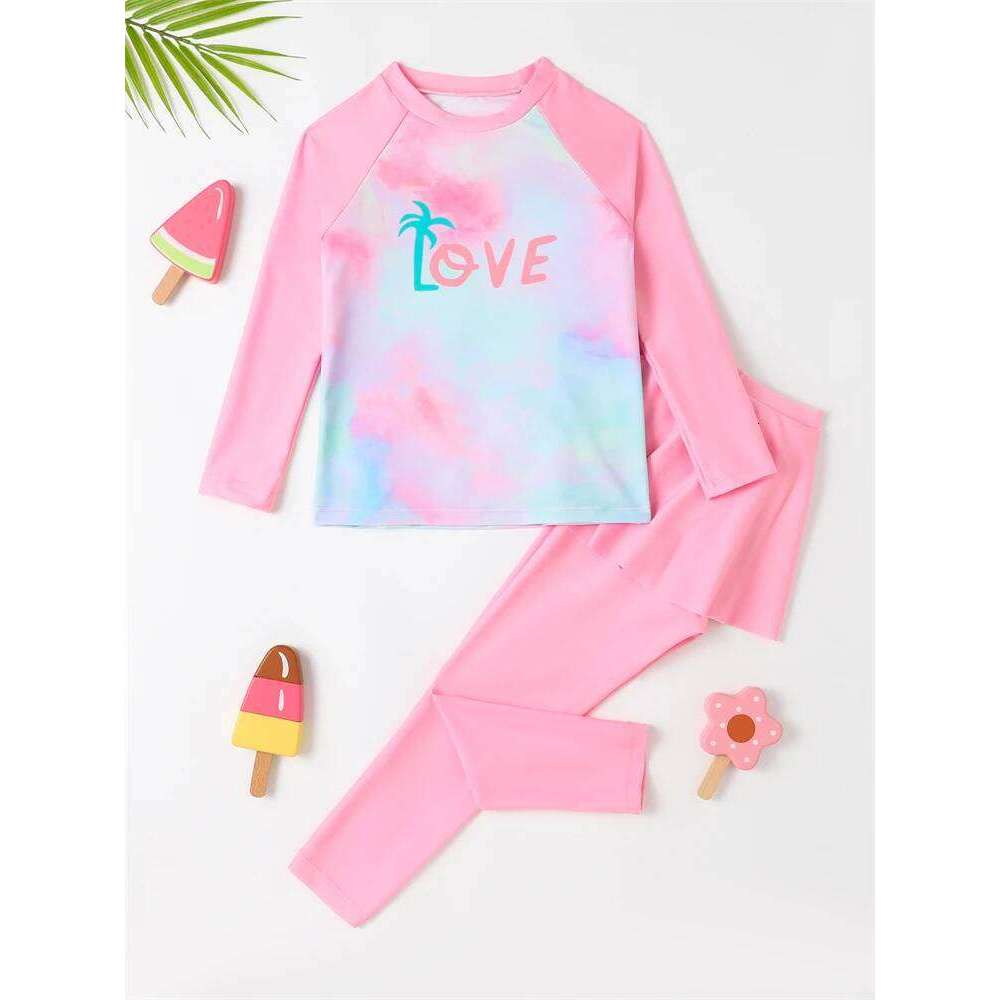 Two Piece Girls Kids Swimsuit 2025 New Pink Tie Dye Long Sleeves Children Swimwear Trousers Short Skirt Beach Wear Bathing Suit