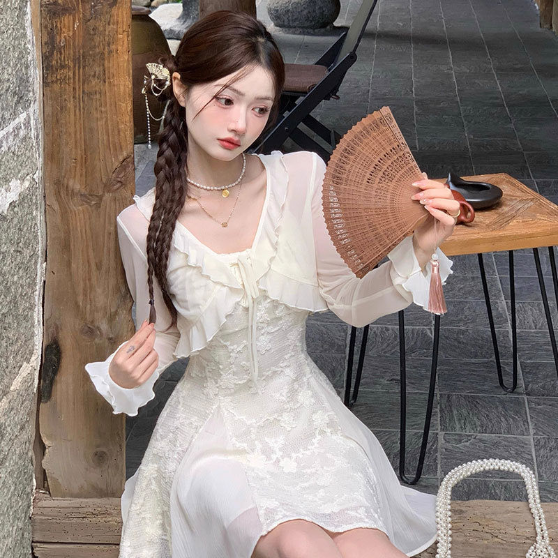 K1117 Women's ruffled cardigan sun protection clothing thin shawl with suspenders dress outer cover tulle top blouse