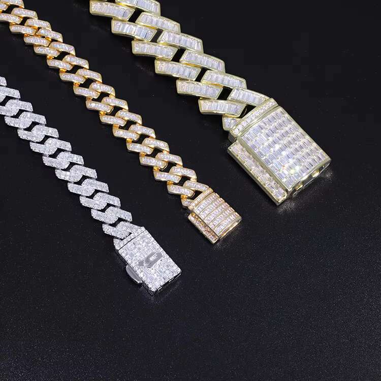 New Style Hip Hop Jewelry 925 Silver 13MM Width Necklace Baguettes Cut Moissanite Men Necklace Bling Cuban Link Chain