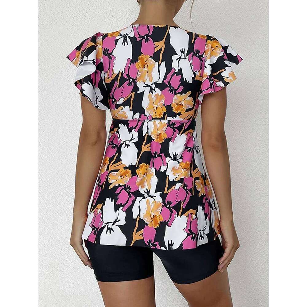 Two Piece Swimsuit Women 2025 Printed Tankini Set Tie Front Drawstring Swimwear Female Bathing Swimming Suit Beachwear Summer