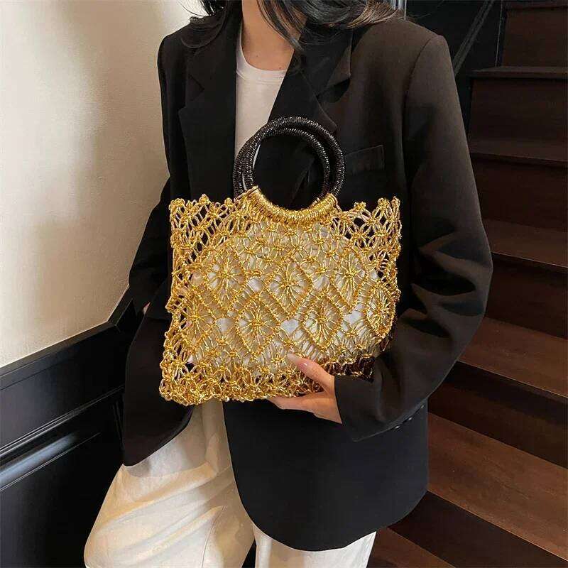 Luxury Designer bags Large Summer Beach Bag For Women Mesh Rope Knitted Bucket Bags Hollow Out Travel Shopper Totes Ladies Fashion Handbag Tote