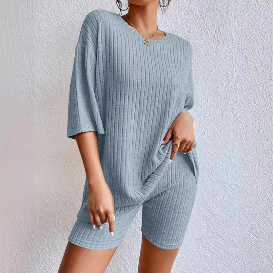 Fashionable Knitted Loose Casual round Neck Summer Short Pants Top Set Womens Clothing Comfortable Breathable Solid Color 250614