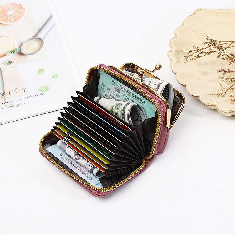 Women's Short Wallet Lychee Pattern Clip Bag Multi-Card Slot Accordion Card Holder Student Coin Purse