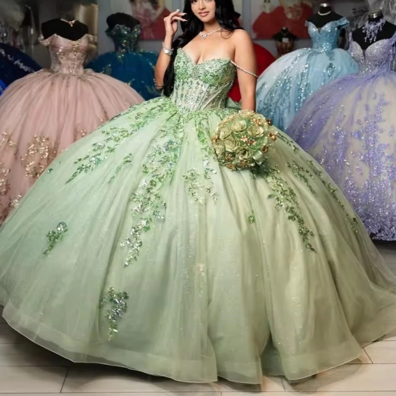 Sage Green Glitter Quinceanera Dresses Ball Gown Appliques Lace Beaded Bow Tull Corset Sweet 16 Dress Vestidos De 15 Anos