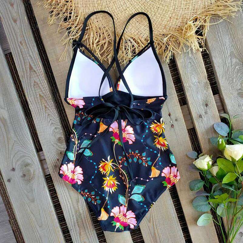 2025 New Abdomen Control Wasit Push Up Swimsuit Print Swimwear Vintage Retro Bathing Suits Bodysuit Beach Wear Backless XXL