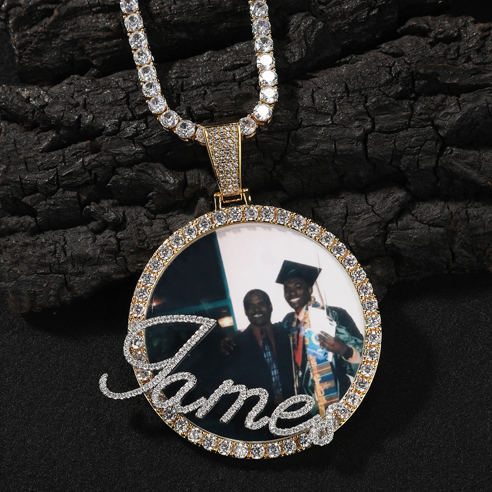 Custom Photo and Name Round Pendant Necklace 14K Gold New In Personalized Full CZ Stones Cubic Zirconia Diy Picture Collar Hip Hop Rapper Jewelry Gift