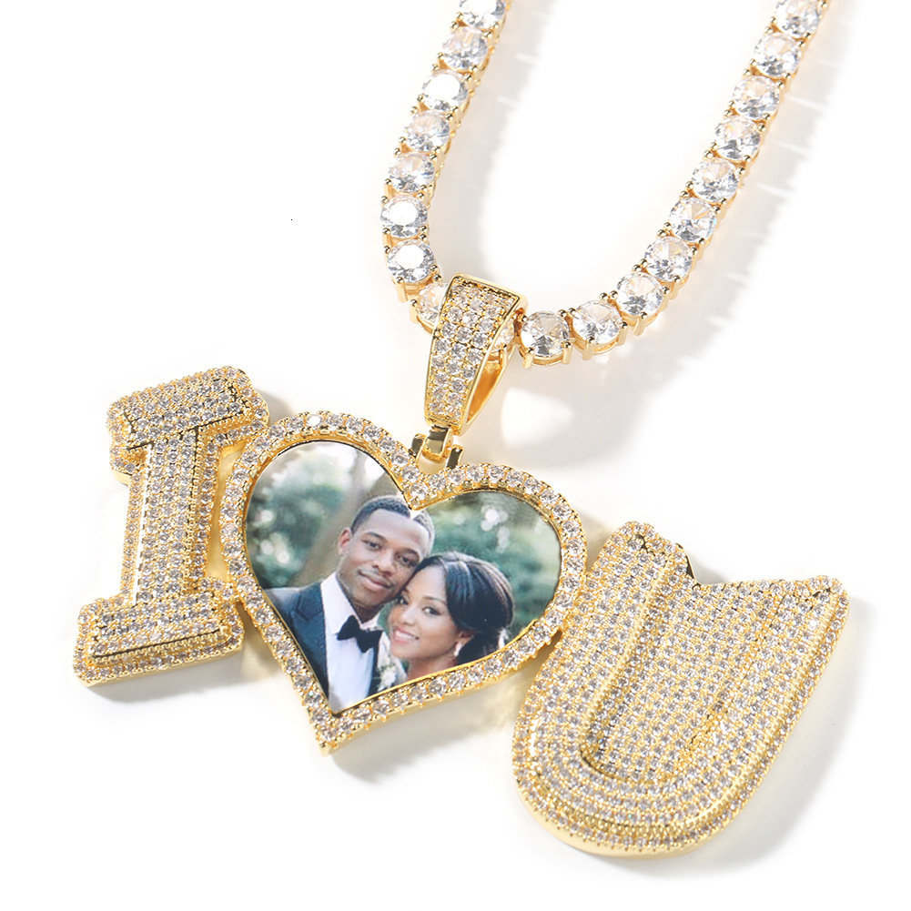 14K Gold Personalized I Love You Custom Photo Pendant Necklace For Couple Full Cubic Zirconia Heart Lovers Diy Picture Wedding Memorial Jewelry Collar
