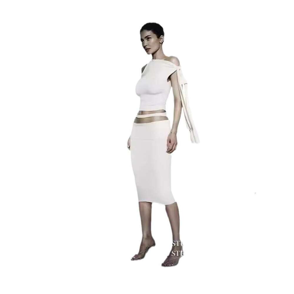 Kylie Style Khy Niche Design Asymmetric Strap Vest Top And Skirt Set For Women B5
