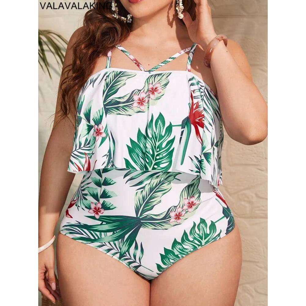 Valavalaking 2025 Print Plus Size Swimwear Women Hollow Strapped Large Big One Piece Swimsuit Curvy Beach Chubby Bathing Suit