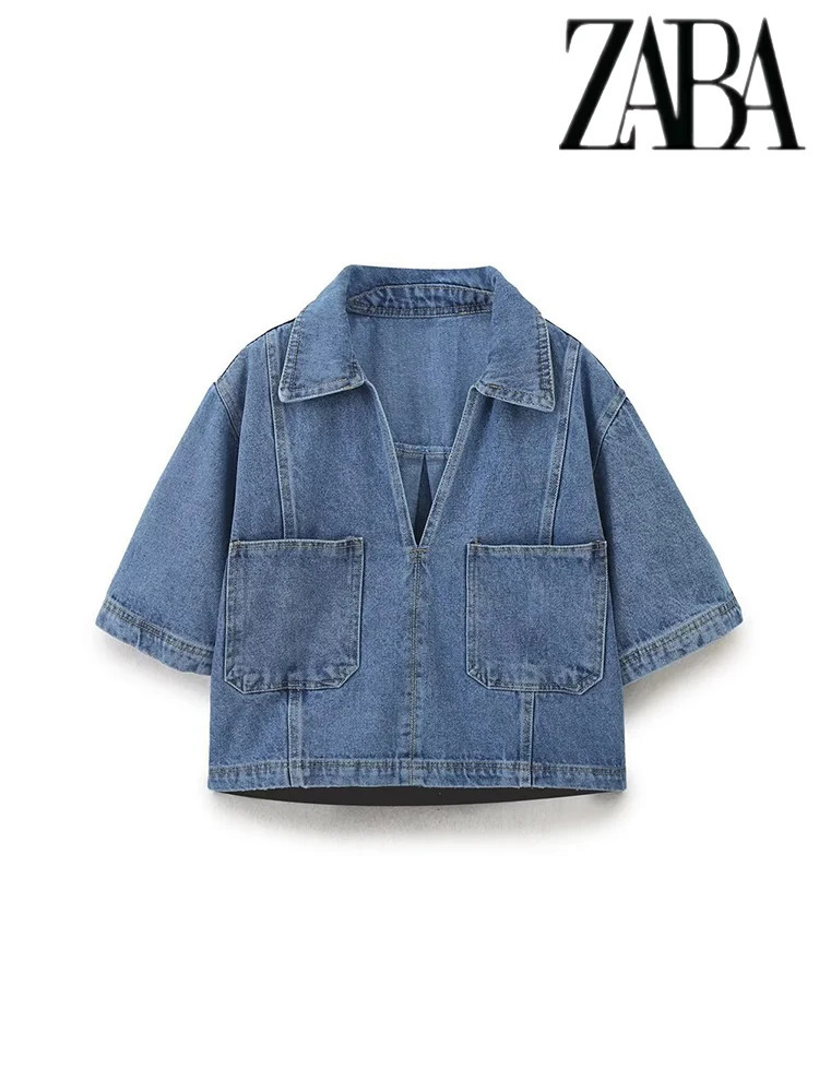 TRAF Womens Pocket Decoration Loose Denim Suit Casual Lapel Short Shirt Asymmetric Skirt Versatile Two Piece Set 250614