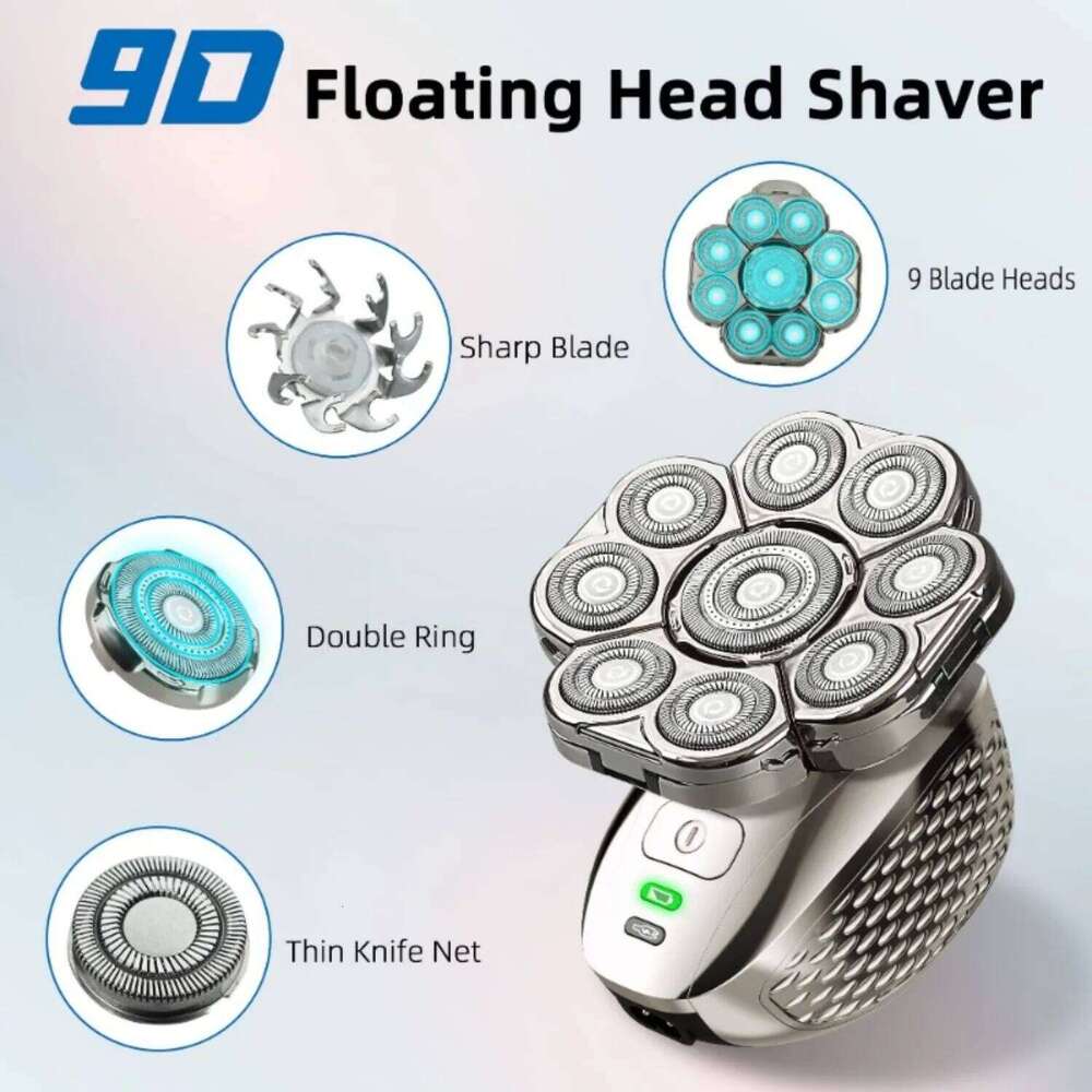 Men's Bald Head Electric Shaver 9 Blades Floating 6 In 1 Heads Beard Nose Ear Hair Trimmer Facial Brush USB Rechargeable Razor