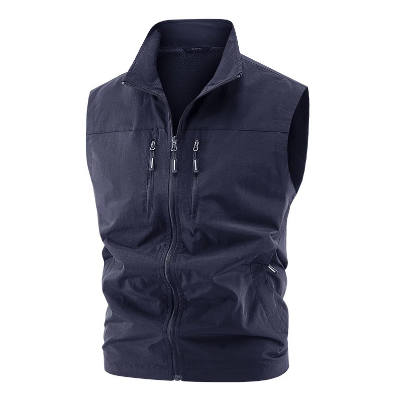 Men Stand Collar Fishing Vest Summer Outdoor Leisure Pography Vest Clothes Loose Solid Color Mens Multi-pocket Tooling Vest 250617