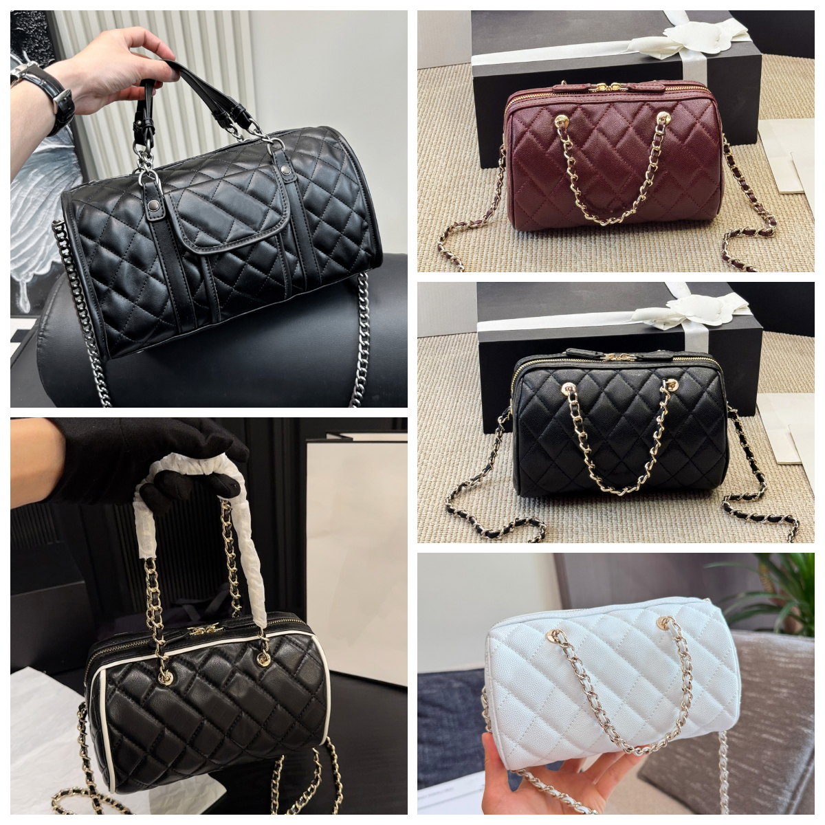 Luxury Brand Ladies Boston Bag Diamond Lattice Bowling Bag Designer Pillow Bag Mini Shoulder Bag High Quality Women's Caviar Textured Handbag Crossbody Bag
