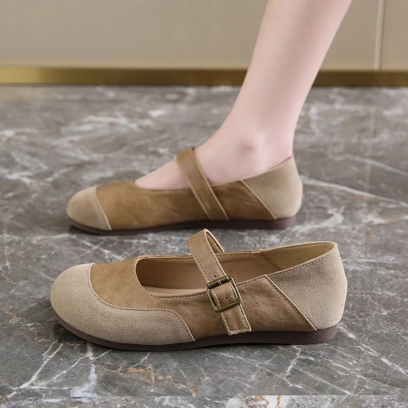 Summer Soft Soled Mary Jane Single Shoes French Milk Camel Round Head Frosted Ballet Women Shoes 250624