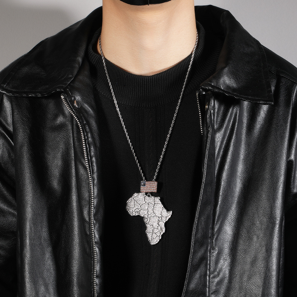 14K Gold Street Hip Hop Africa Map Pendant Full Iced Out Cubic Zirconia Flag Charm Trendy Mens Necklace Collar Aesthetic Punk Rock Rapper Jewelry Acce