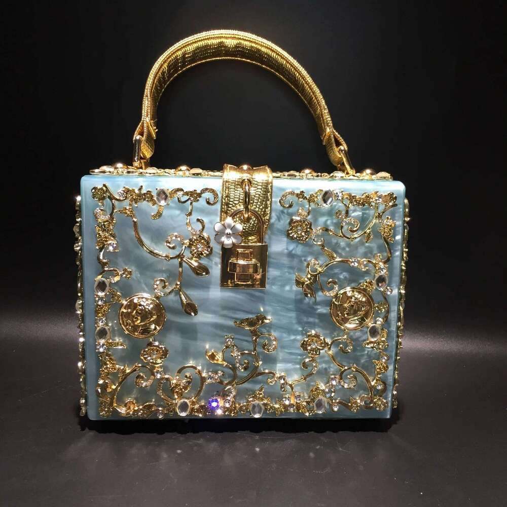 High-Grade crystal Evening Female New Hollow Out Metal Carved Flower Dia Handbag Box Fashion Chic Shoulder Crossbody Bag luxury designer tote bag