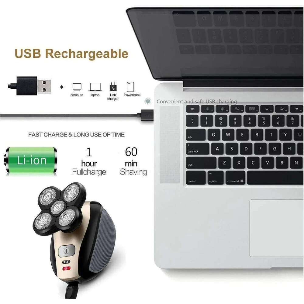 Men's Bald Razor 5 In 1 Waterproof Heads Sideburn Trimmer USB Rechargeable Electric Shaver Hair