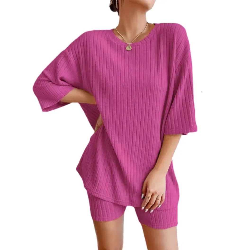 Fashionable Knitted Loose Casual round Neck Summer Short Pants Top Set Womens Clothing Comfortable Breathable Solid Color 250614
