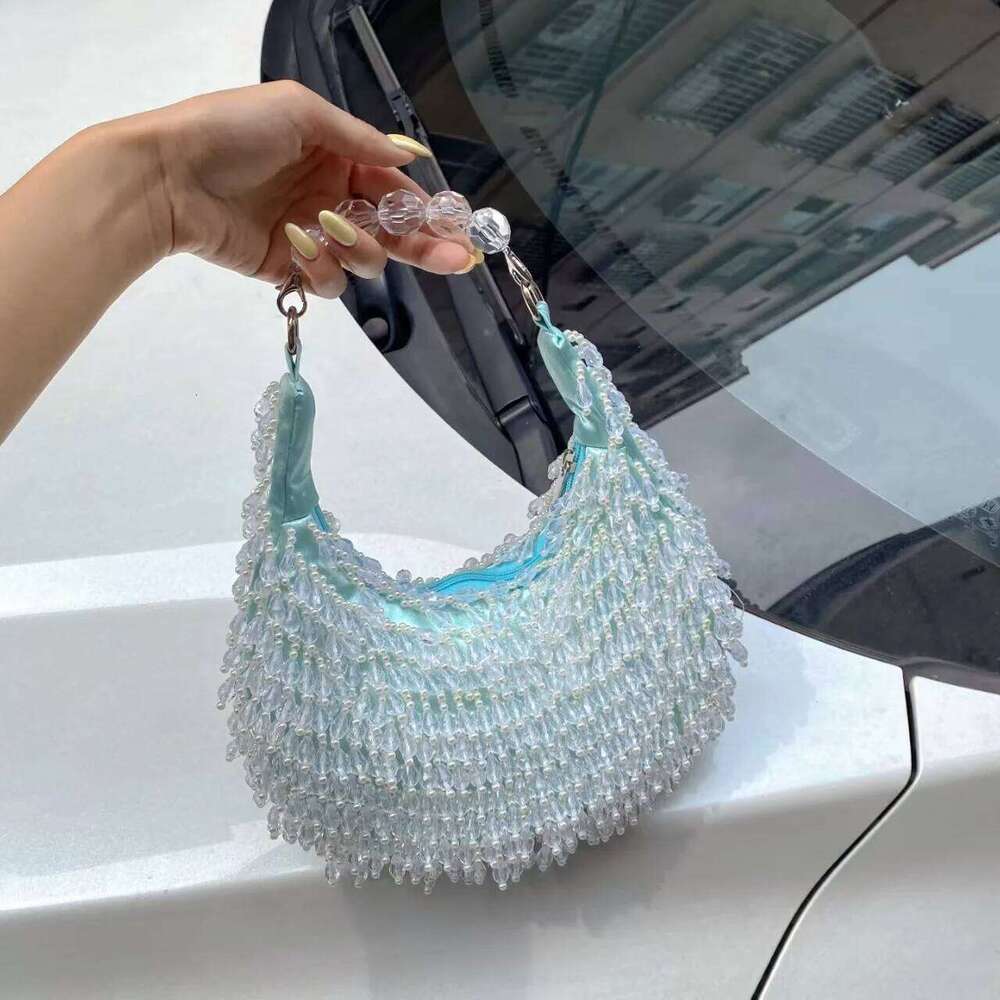 FIRMRANCH Summer Fresh Sweet Light Blue Handmade Beaded Fringe Design Elegant Lady's Dinner Bag Chic Evening Dress Purse Hobos