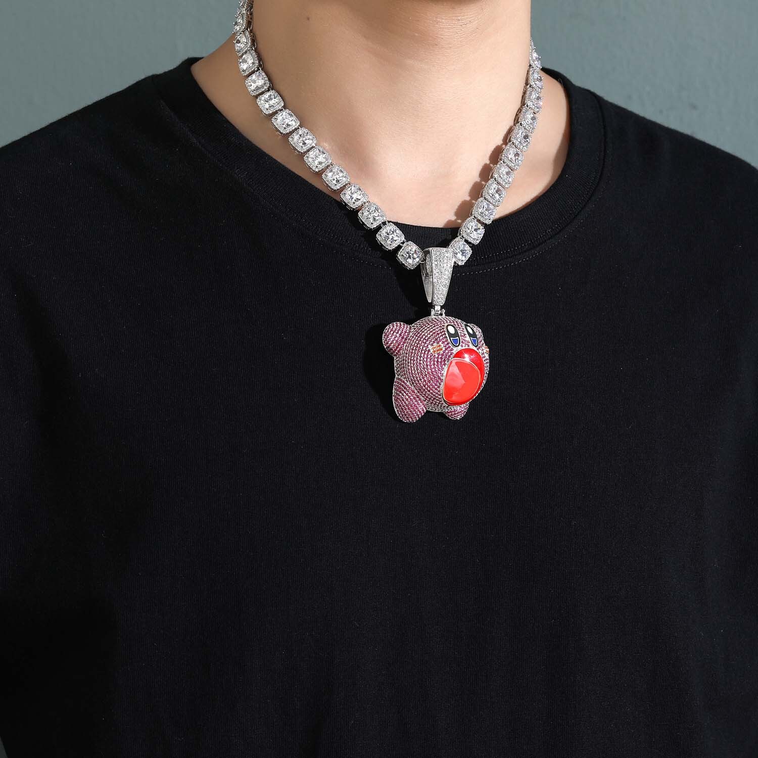 New Hip Hop Star Kirby Pendant 3D Cute Cartoon Unisex Couple Iced Out Necklace Trendy Accessory Pass the diamond tester