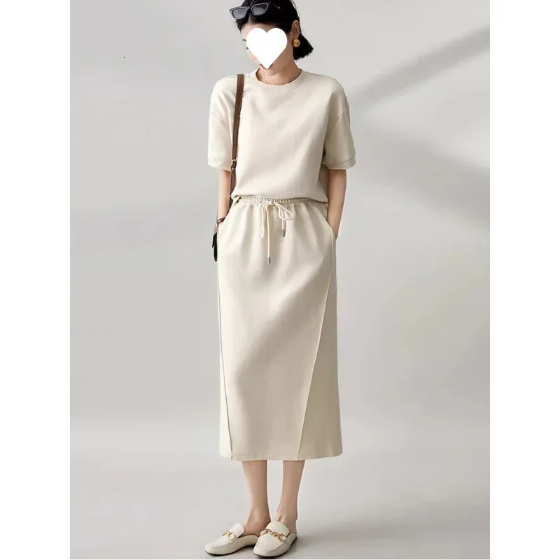 Casual Fashion AntiAging Set Skirt Women Summer Loose Slim Short Sleeve Top Split Halflength Twopiece 250614