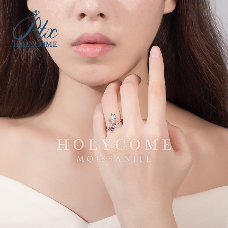 New Arrival Sterling Silver 925 Premium Jewelry Fashion Blossom Bow Ring with Champagne Color Flower Design Moissanite Diamond Ring for Women