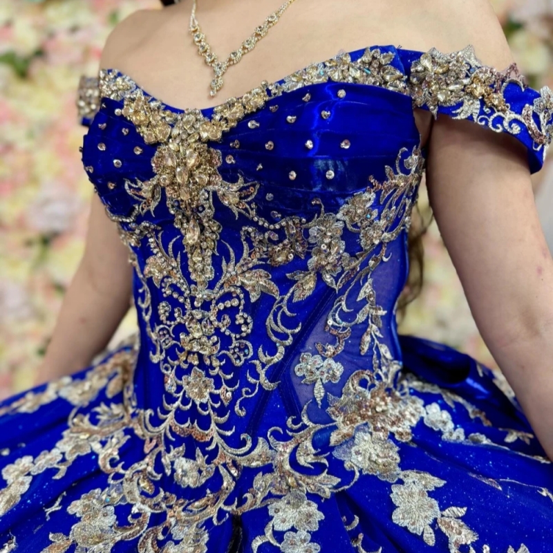 Royal Blue Shiny Quinceanera Dresses Ball Gown Gold Lace Applique Beading Crystal Sweet 16 Dress Vestidos De 15 Anos