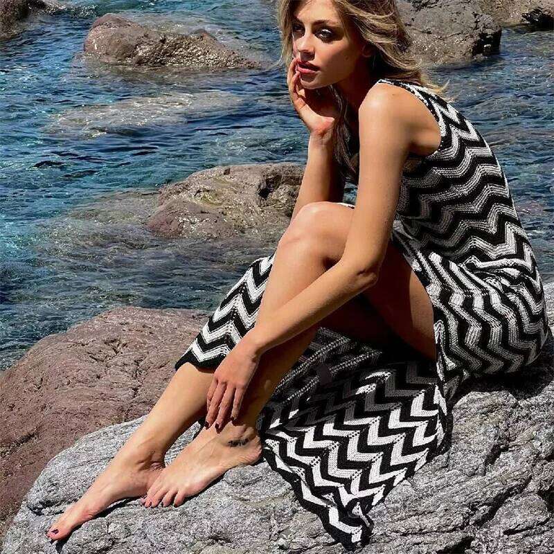 Women Striped Knit Swimsuit Bikini Cover up, Beach Cover-up, Sexy Deep V Backless Long Dress, Crochet Swimwear Sarong Female