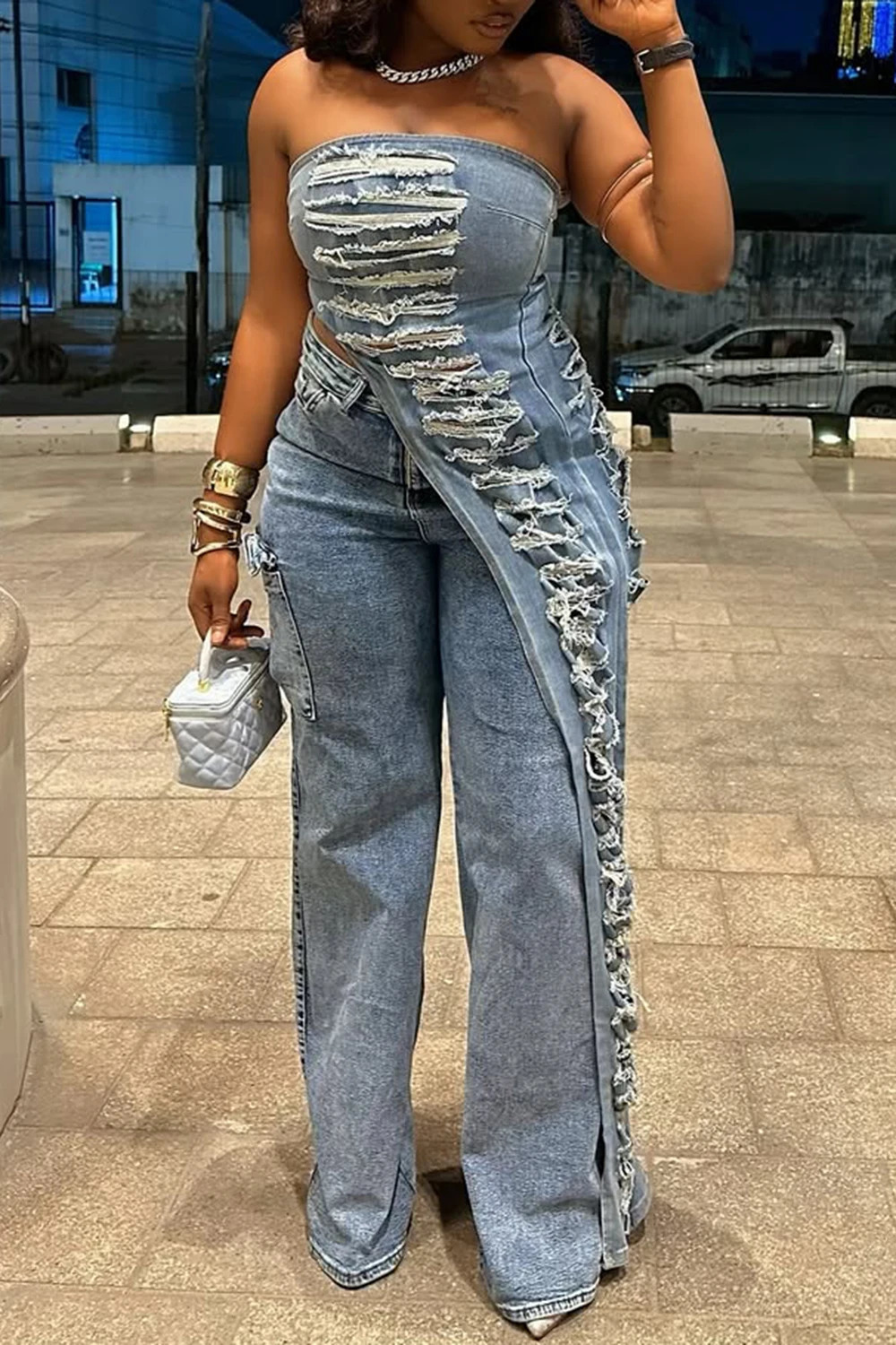 Plus Size Party Blue Asymmetric Hem Distressed Denim Two Piece Pant Sets 250613