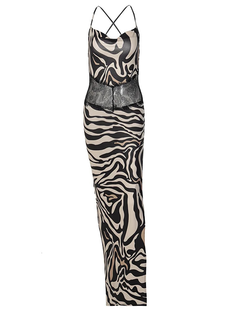 Dulzura Zebra Pring Maxi Dress For Women Side Slit Lace Patchwork Backless Long Sexy Party Club Outfits 2024 Summer 250616