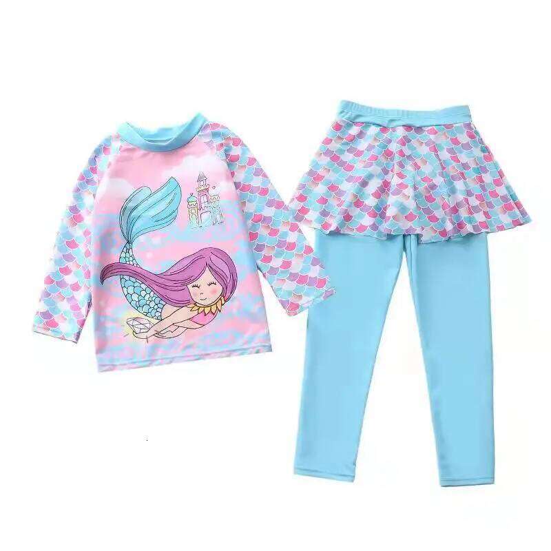Swimwear Long Sleeve Rash Guard Skirted Pants Two Pieces Set Children's Swimsuit for Girls Summer Beach Bathing Suit Kids