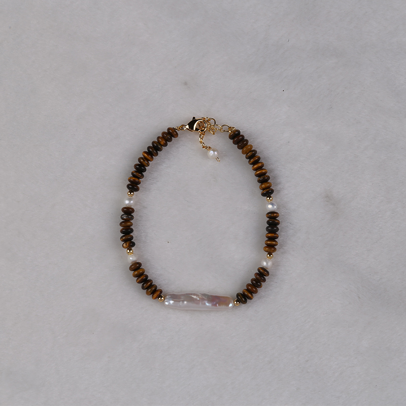 Natural Freshwater Pearls Handcrafted Bracelet Featuring Stone Accents - Brown Tones