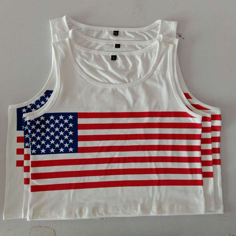 American Style Striped Star Flag USA Print Crew Neck Short Sleeve T-Shirt For Women Versatile Slim Fit Waist-Revealing Crop Top B5