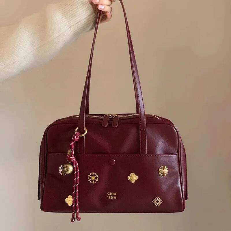 Retro Printed Pendant Boston Women's Shoulder Large Capacity PU Leather Lady Tote Underarm Outdoor Bag