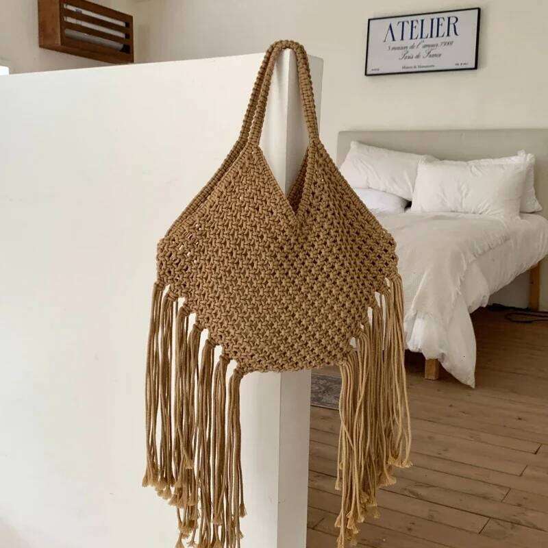 Bohemian Women's Large Capacity Tassel Shoulder Bag Handmade Cotton Woven Knitted Seaside Vacation Beach Tote Summer New Arrival