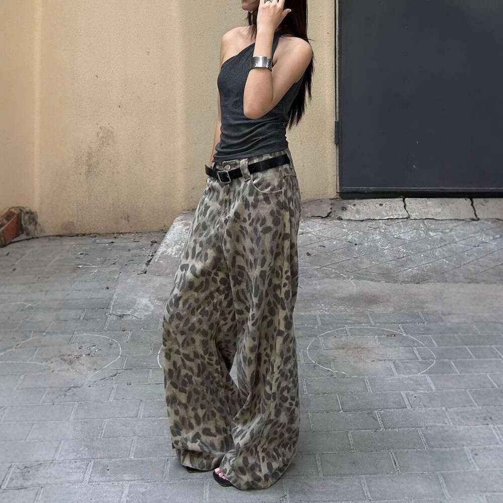 Vintage Washed Leopard Print Jeans For Women, Spring And Autumn New Style, Hip-Hop Casual Floor-Length Pants B5