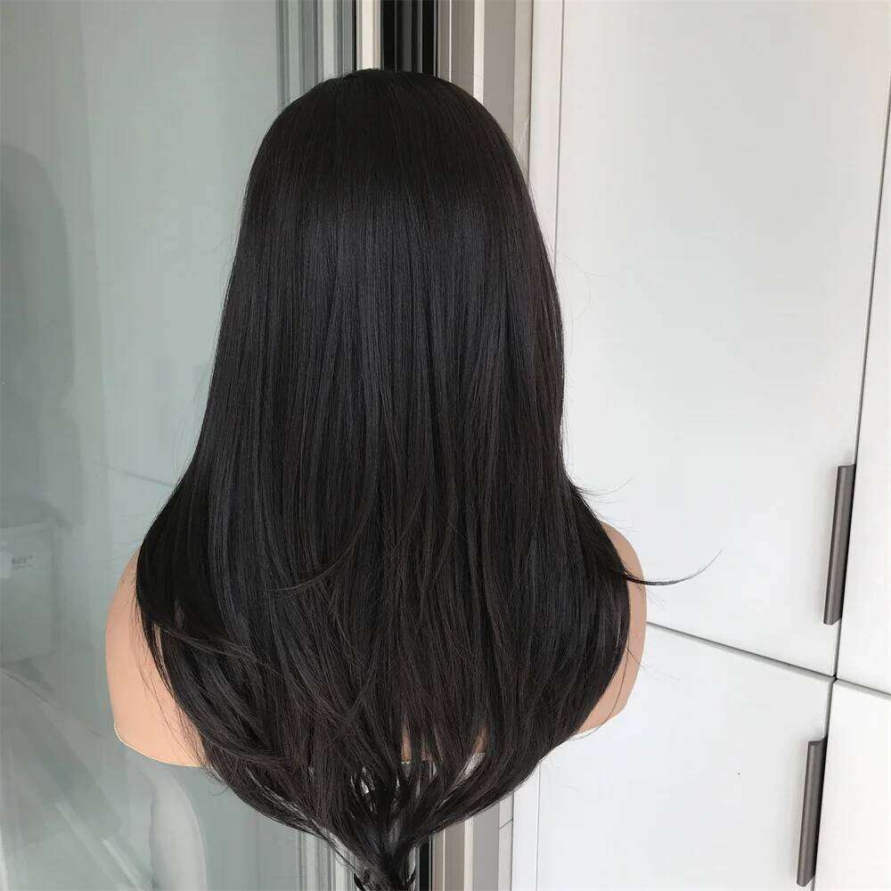 Layered Straight Wear and Go Glueless Wig Synthetic Lace Front Wigs for Women Side Part 18inch Natural Black Color Daily Use