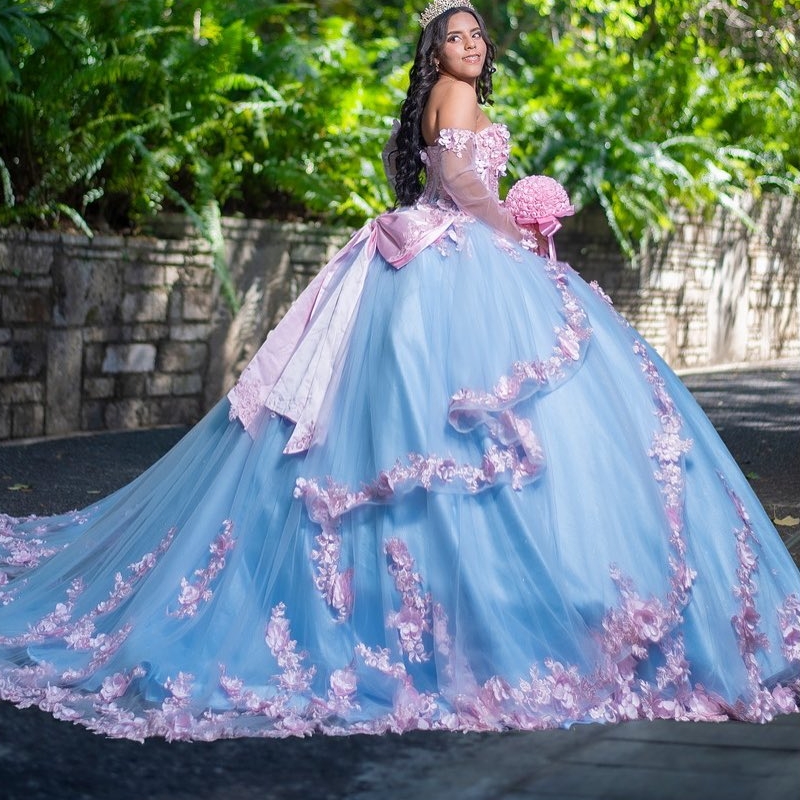 Blue Shiny Quinceanera Dresses Ball Gown Off The Shoulder Applique Flower Beads Tull Corset Sweet 16 Dress Vestidos 15 Anos