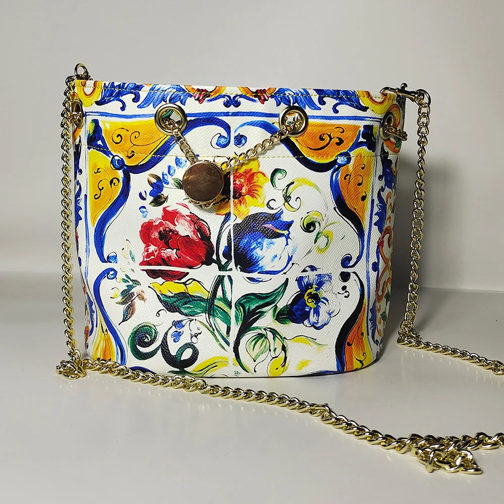French Niche n Color Printed Bag Womens Summer Handheld Bucket Chain Crossbody Bag 250624